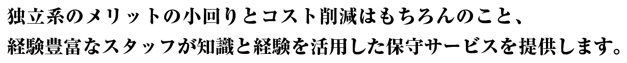 独立系のメリットのコマ割りとコスト削減はもちろんのこと、経験豊富なスタッフが知識と経験を活用した保守サービスを提供します。